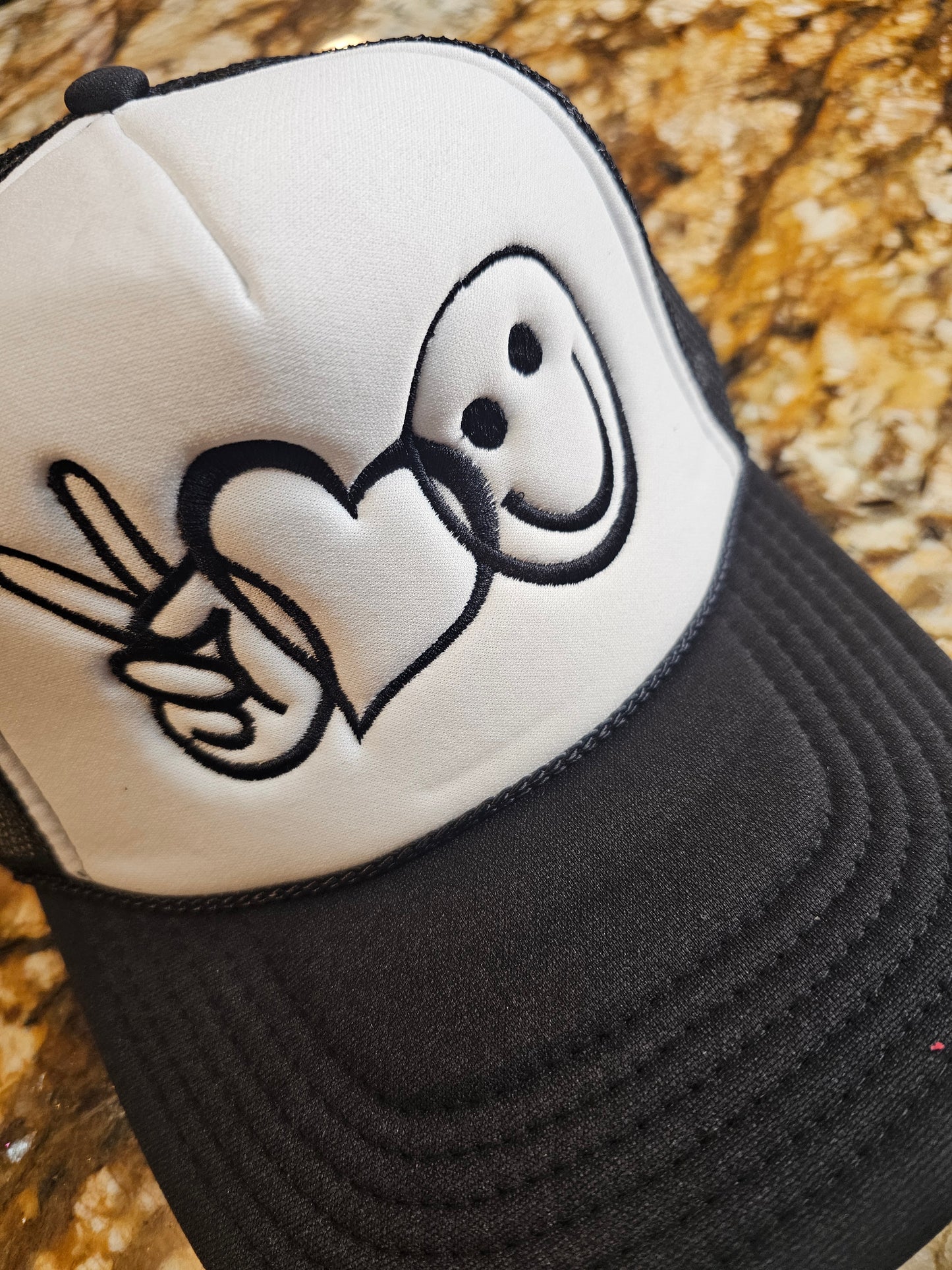 Peace Love Smile Emoji Embroidered Trucker Hat