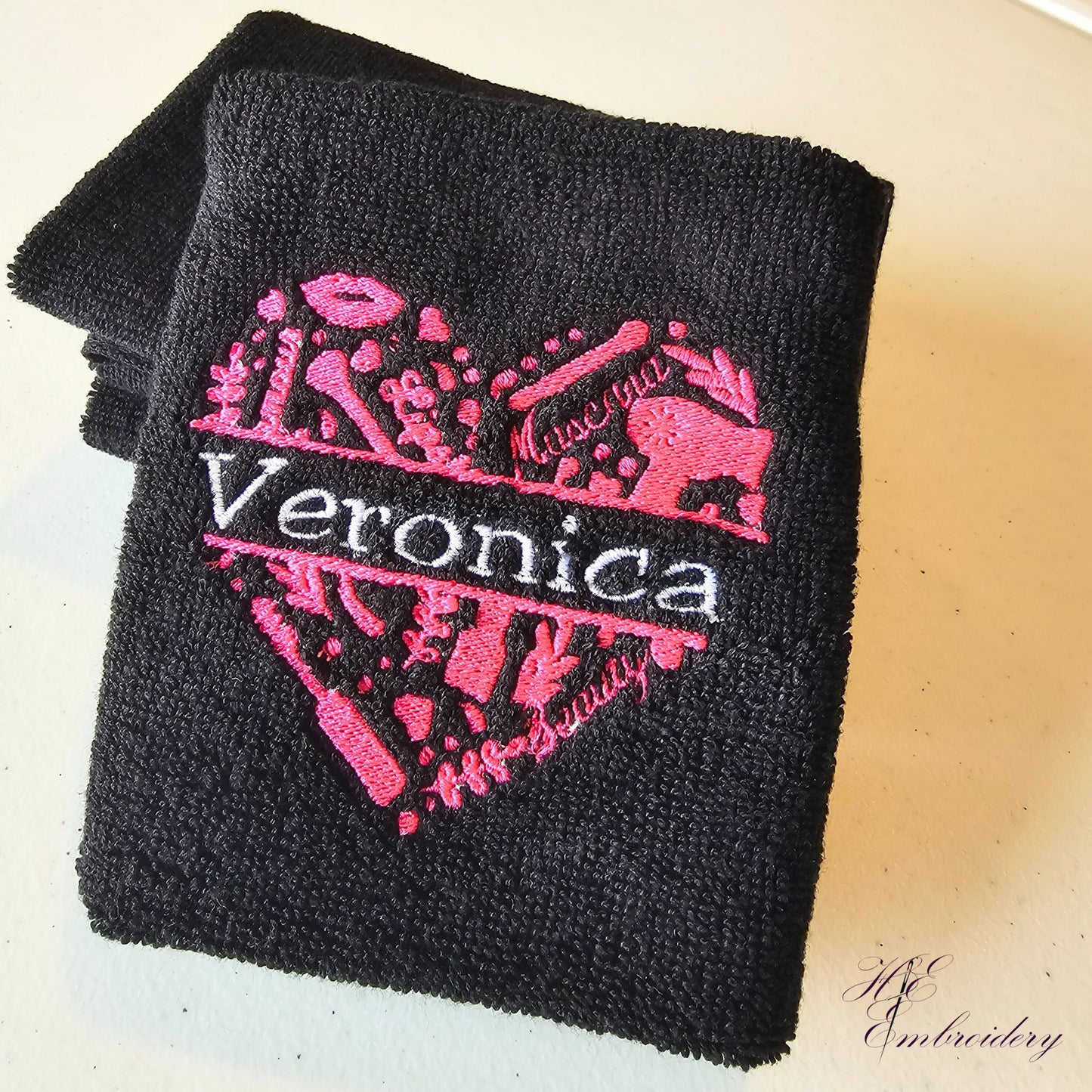 Makeup Reusable Towels Embroidered - Soft Plush Cotton 12 x 12 Black Washcloths - Heart Personalized