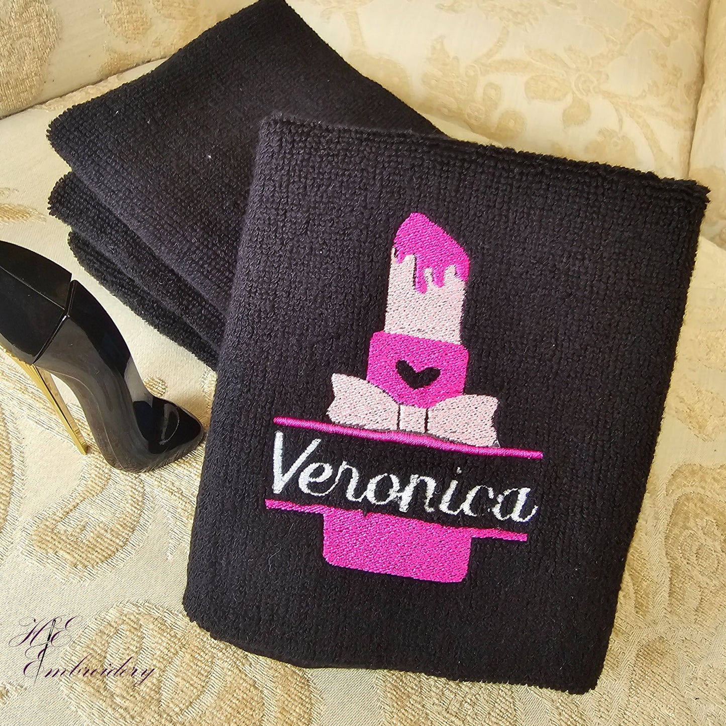 Makeup Reusable Towels Embroidered - Soft Plush Cotton 12 x 12 Black Washcloths - LipStick Personalized