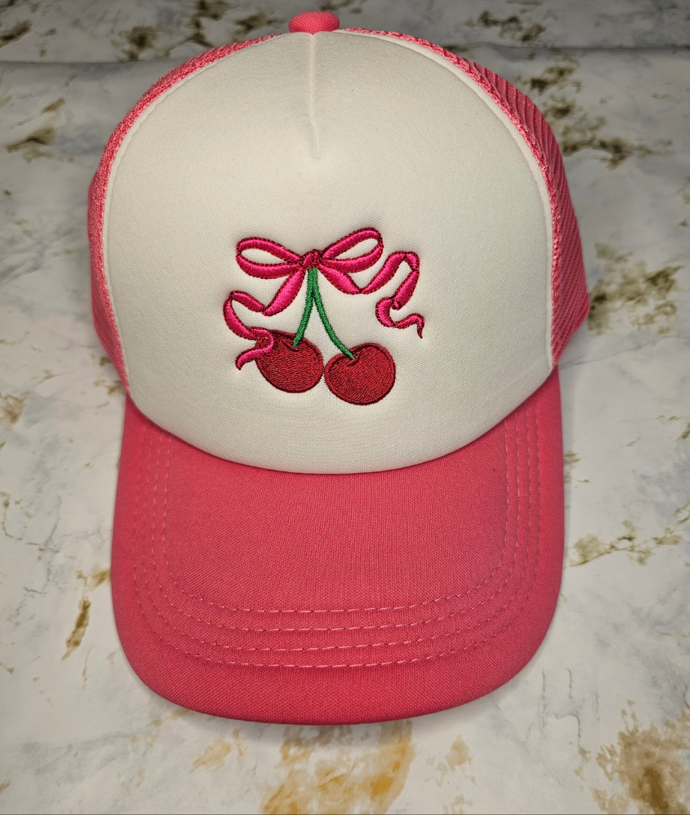 Cherry Bow Embroidered Trucker Hat