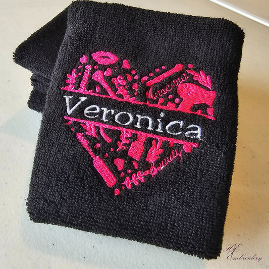 Makeup Reusable Towels Embroidered - Soft Plush Cotton 12 x 12 Black Washcloths - Heart Personalized